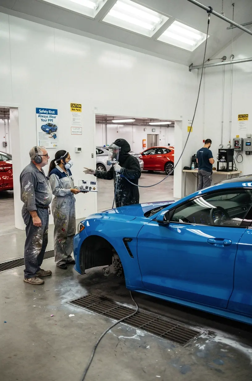 Automechanik testuje funkčnosť opravených častí karosérie pred odovzdaním zákazníkovi.